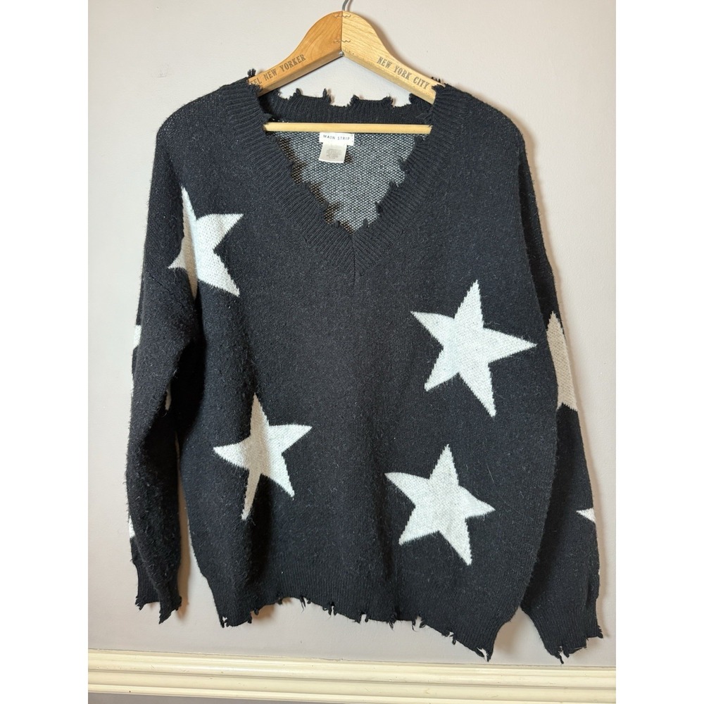 Main strip Black White Star‎ V Neck Pullover Sweater Oversized Small